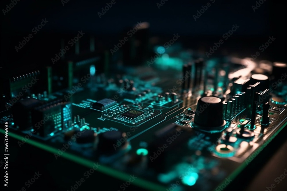 circuit board with a glowing light. Generative AI