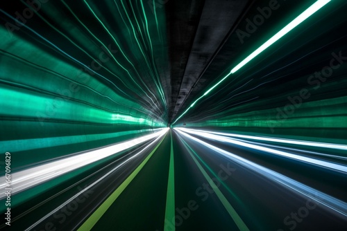 Shiny vehicle with vibrant light trails inside tunnel. Generative AI
