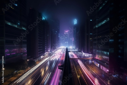 Futuristic city with light trails of traffic at night generative ai