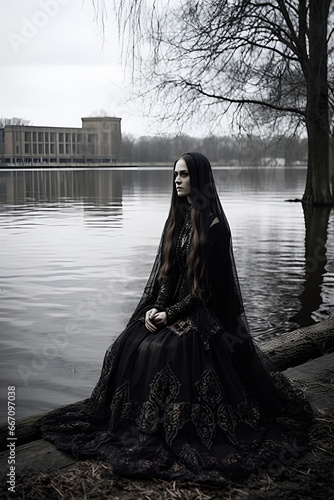 Beautiful girl in black dress sitting near the lake river. Gothic image, dark academy. Mysticism and mourning.