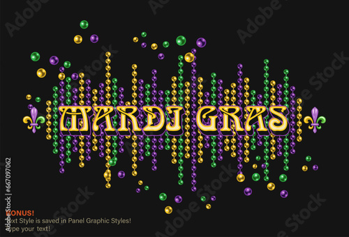 Mardi Gras horizontal banner with scattered beads, string of beads, text. Illustration for advert of event. Editable text appearance, text graphic style included