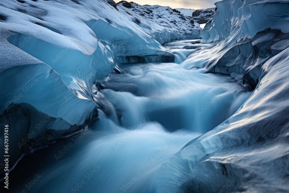 Fluid beauty of meltwater streams as they cascade from the glacier Fluid beauty of meltwater streams as they cascade from the glacier