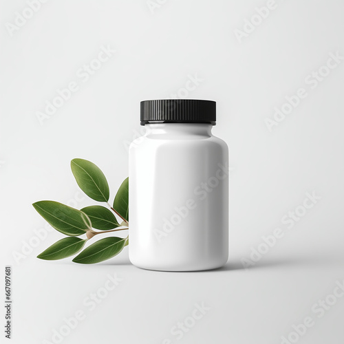 Product Mock up | Small white bottle with black cap. Leaf in background