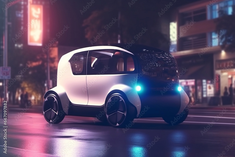 Futuristic electric car at charging spot at night and blurred city generative ai