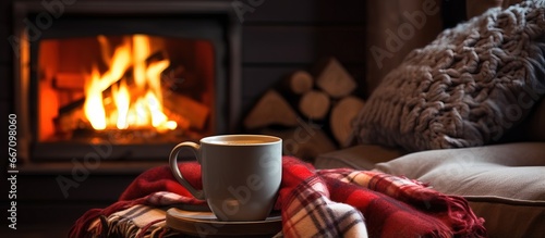 Mug of hot tea in cozy living room with fireplace on a chair with blanket