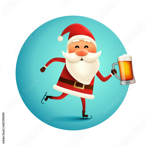 Santa skating with craft beer mug in his hand. New year character. Christmas greeting card or poster for pub