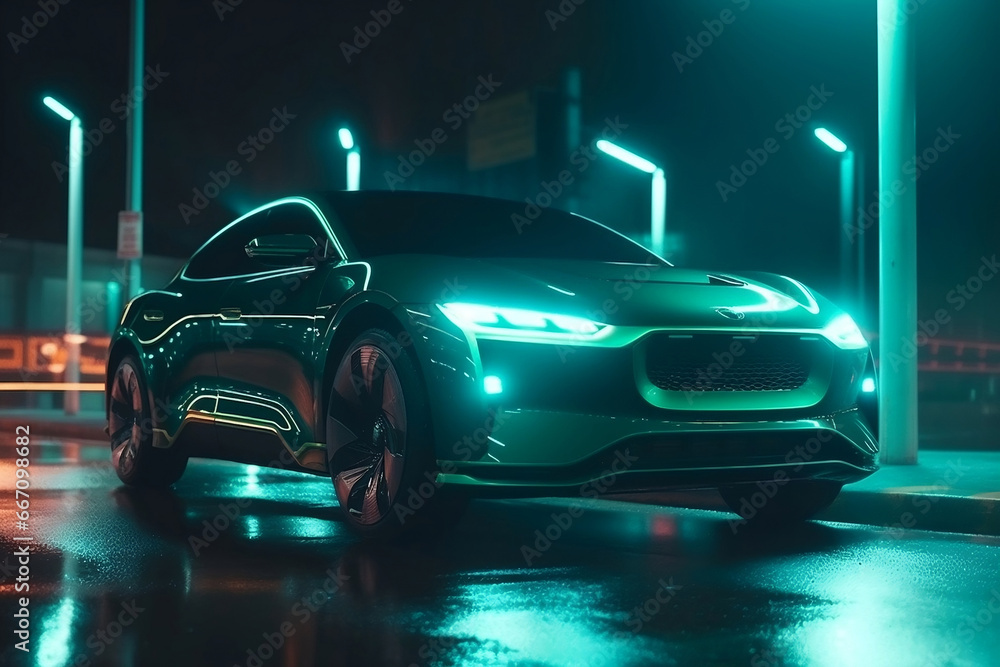Futuristic electric car at green charging spot at night generative ai