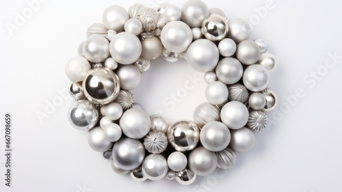 Silver Shimmering Christmas Wreath: Top View of Stunning Silver Ball Decorations on White Background