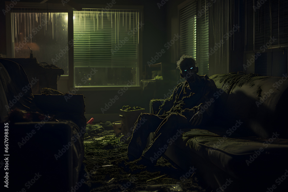 Zombie sitting on an armchair in abandoned house. Not based on any actual person, scene or pattern.