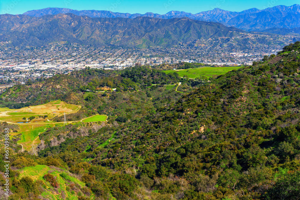 Panoramic View of Los Angeles, Hollywood Hills and Mountains