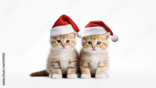 Watercolor Christmas Pets: Festive Kittens and Pup with Santa Hats on White Background © Sandris_ua