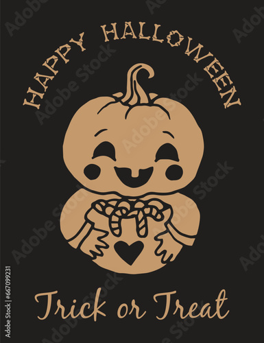 Jack-O-Lantern baby brown pumpkin head with candy on black background for Halloween card