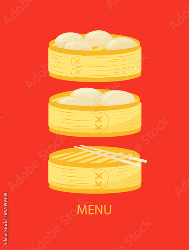 Chinese restaurant menu design.  dim sum.  Chinese dumpling in a bamboo steamer box. Vector  Illustration.  Steamed baozi dumplings a bamboo steamer.  