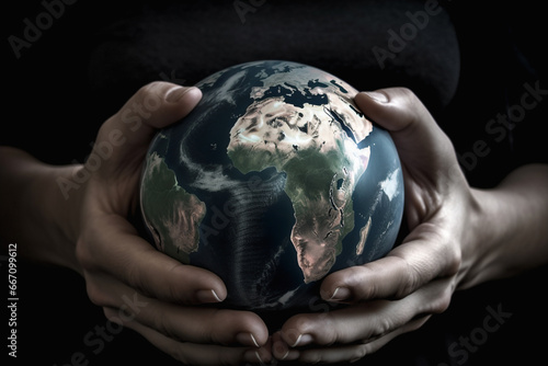 A pair of big tough hands carry a small globe, Earth day concept on a black background