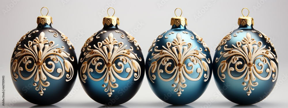 Set of different colored elegant Christmas balls against white background, AI generated