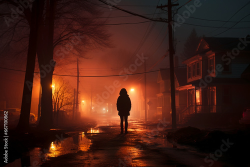 A foggy street at twilight. In the foreground. AI generative