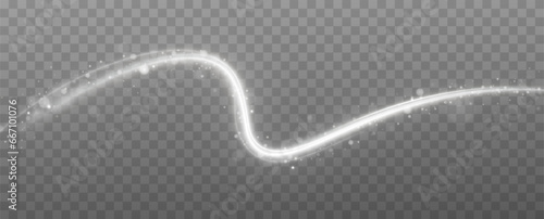 A transparent light effect with a curved and wavy surface. White sparkles sparkle with their light effect. Bright white lines. Abstract lines of movement. Light trace wave.