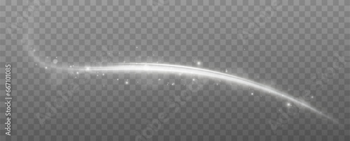 A transparent light effect with a curved and wavy surface. White sparkles sparkle with their light effect. Bright white lines. Abstract lines of movement. Light trace wave.