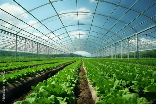 Greenhouse organic farming: a realistic depiction of a lush landscape. Generative AI