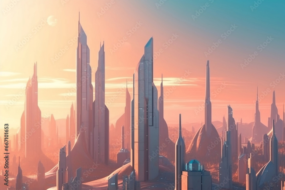 Futuristic megapolis with high towers and skyscrapers at sunset light generative ai