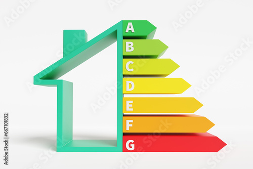 Colorful horizontal bar chart with the letter A to G next to a hollow green house on white background. Illustration of the concept of energy performance certificate (EPC) of properties