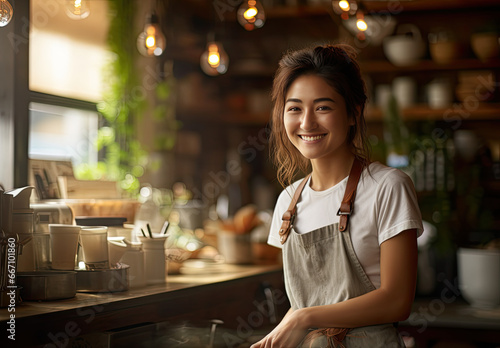 asian girl in cafe as a barista or waiter