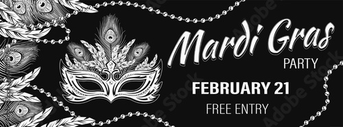Horizontal carnaval monochrome banner with mask