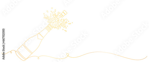 champagne gold line art style. vector elements of new year, christmas and birthday celebrations. line art drawing of champagne bottle with shooting cork