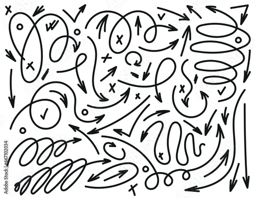 Set of doodle arrow icons. Design of lines, spirals, checkmarks. Vector shoots