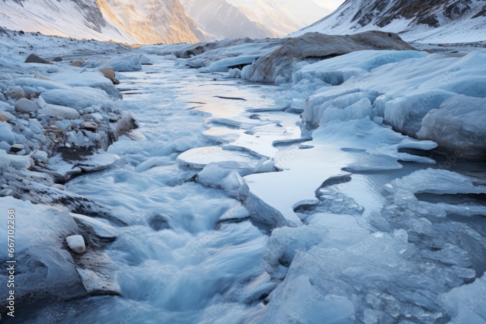 Graceful flow of meltwater streams originating from the glacier Graceful flow of meltwater streams originating from the glacier