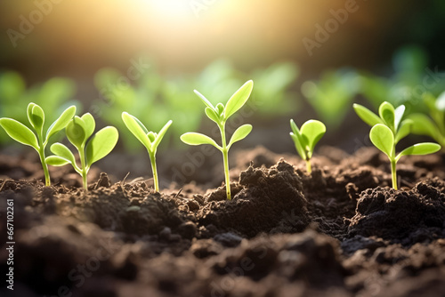 Plants in the ground, green world, young plants germinates in fresh soil. 