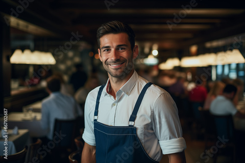 portrait of smiling waiter server in restaurant wearing white shirt and blue apron photo