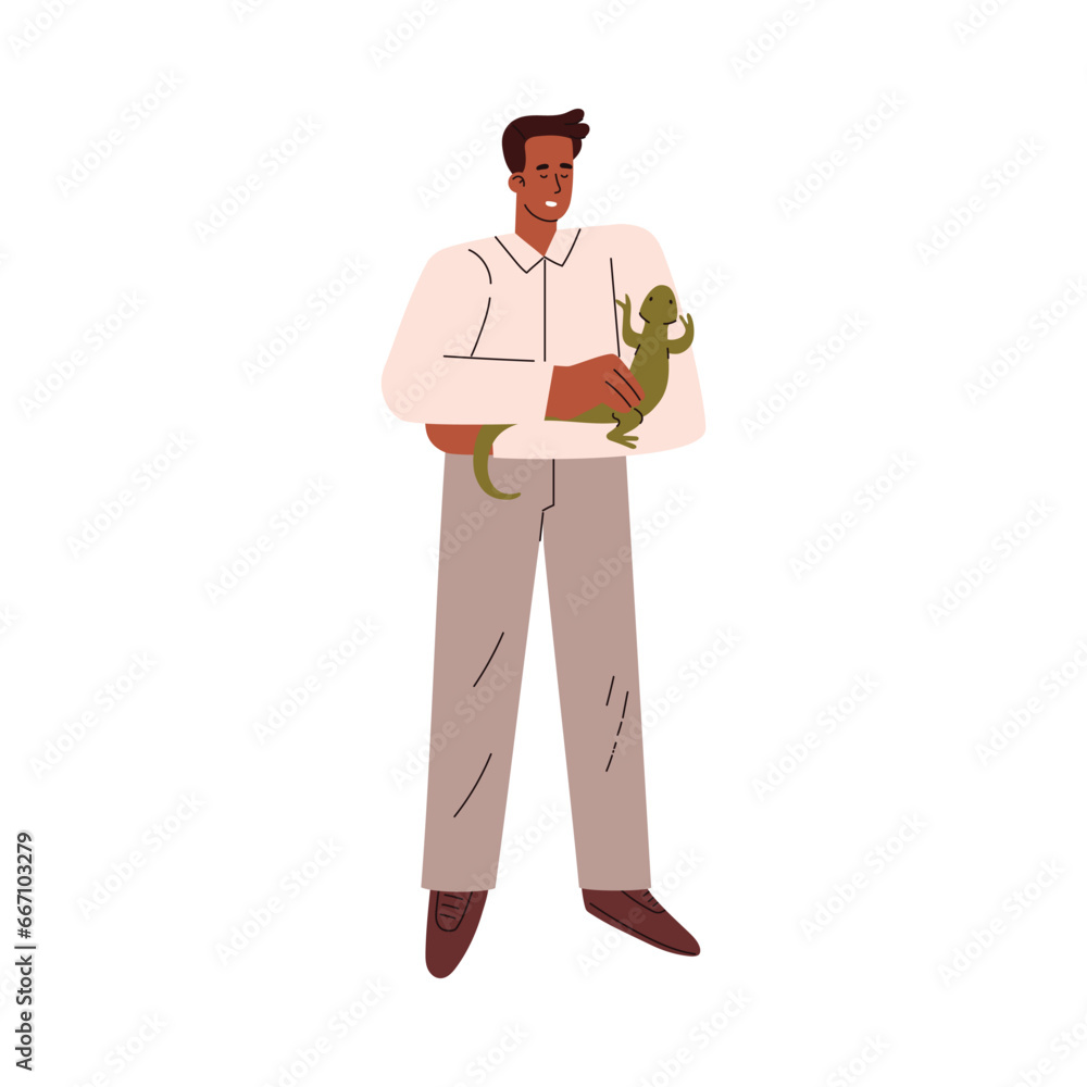 Man is looking on green lizard, vector cartoon guana crawls along the owner's hand, pet reptile exotic animal