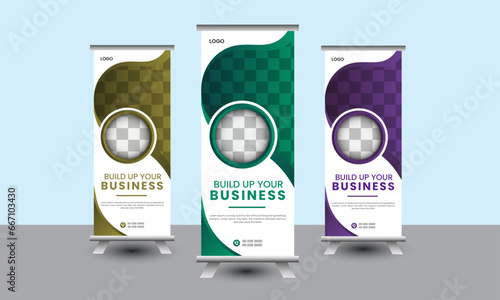 Modern business roll up banner bundle template with different colors. Abstract modern roll up background. Presentation concept. photo