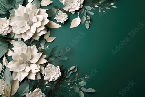 white empty card on a green background with white flowers, poster