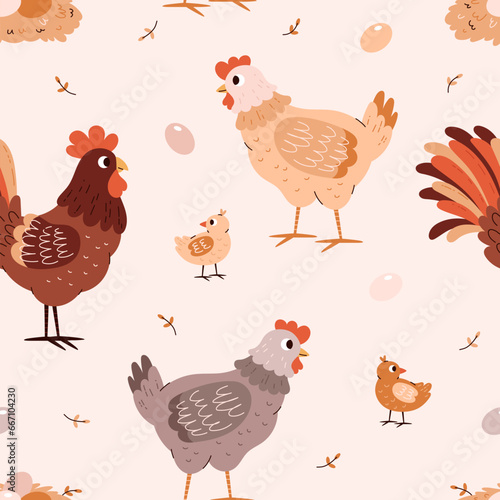 Chickens, roosters and eggs seamless pattern.
