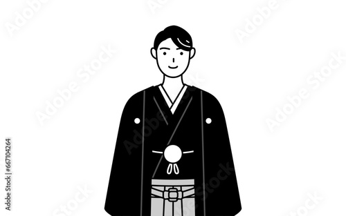 Man wearing Hakama with crest with a smile facing forward