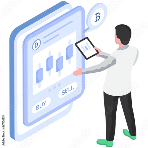 Conceptual flat design illustration of bitcoin trading app