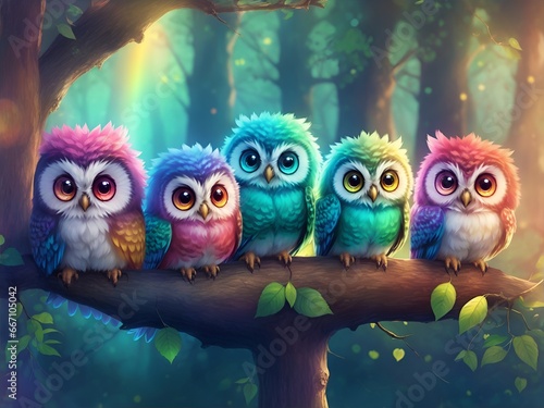 illustration of 5 rainbow colored chibi fluffy baby owls sitting on a branch, concept for wisdom or family or unity