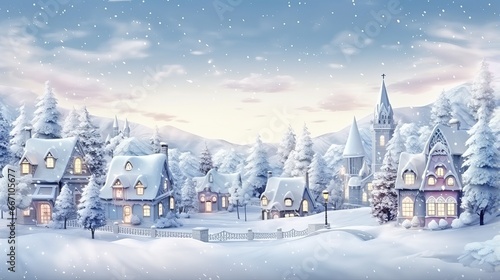 winter wonderland: vintage Christmas village blanketed in snow perfect for holiday cards © Ashi