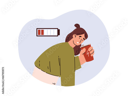 Woman replenishes energy level with energy caffeine drink, flat vector isolated.