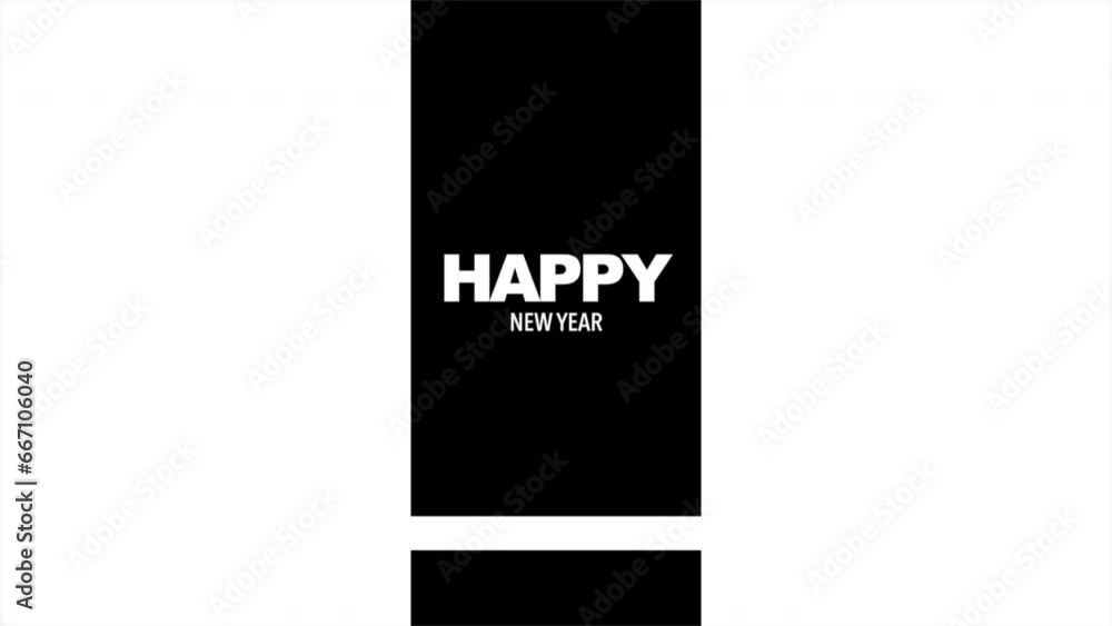 Happy New Year with black squares pattern on white gradient, motion abstract minimalism, geometric and winter holidays style background