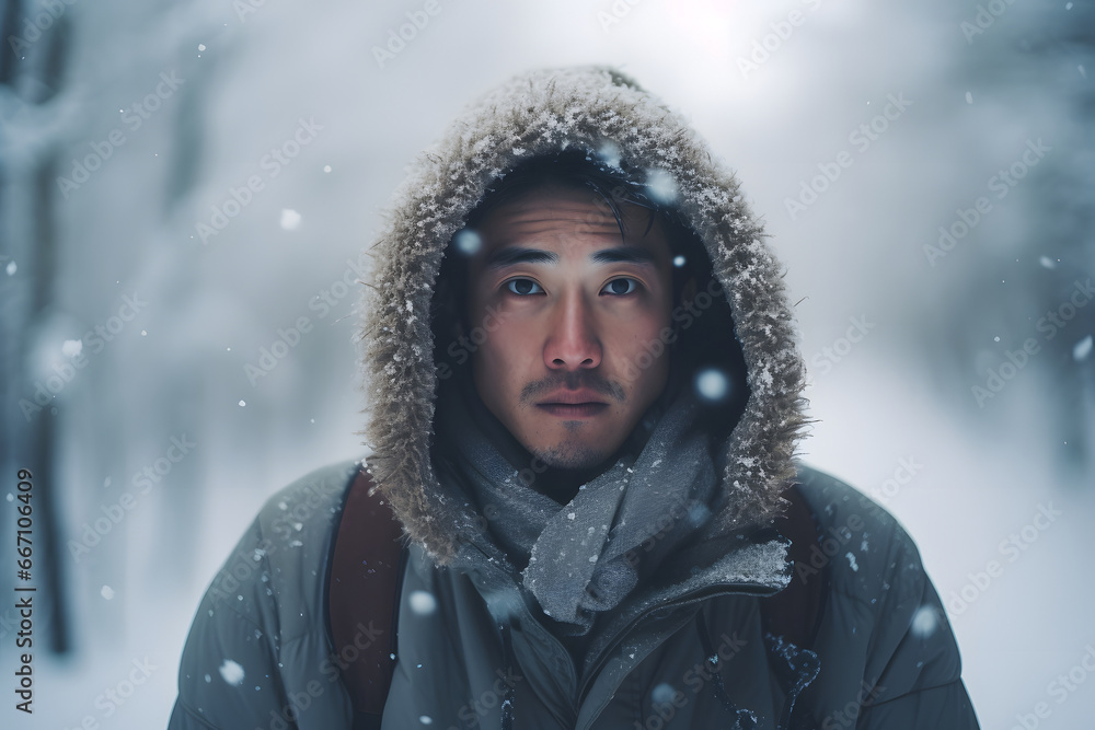 Asian young adult man lost in forest at snowy winter day. Neural network generated image. Not based on any actual person or scene. Asian young adult man lost in forest at snowy winter day. Neural network generated image. Not based on any actual person or scene.