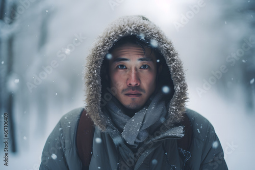 Asian young adult man lost in forest at snowy winter day. Neural network generated image. Not based on any actual person or scene.