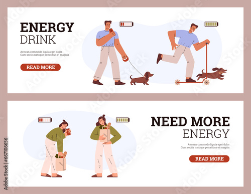 Set of website banner templates about energy drink people flat style