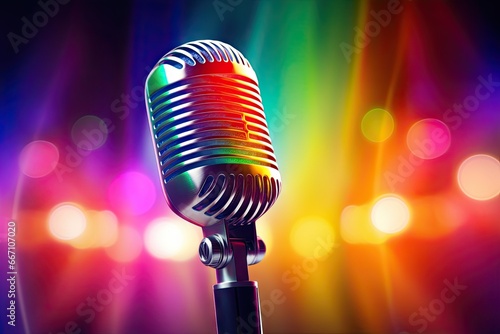Sonic performance. Live stage microphone in spotlight. Rocking mic. Musical sound and entertainment. Karaoke night. Singing. Concert vibes. Magic on live
