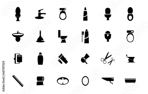 bathroom icons. Shower, bath, toilet, bidet, mirror, water tap. Toilet paper napkins