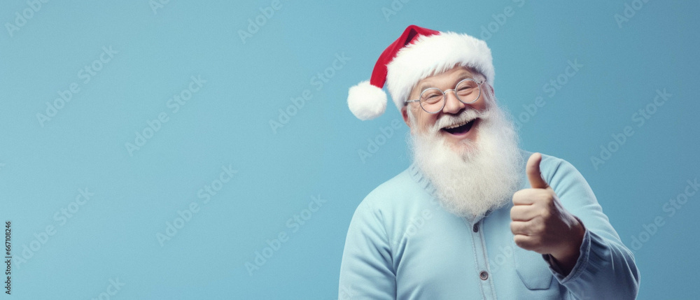 Portrait of santa claus showing a thumb up on light blue background - obrazy, fototapety, plakaty 