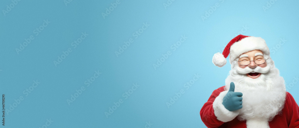 Santa claus in costume showing a thumb up on blue christmas background with copy space Santa claus in costume showing a thumb up on blue christmas background with copy space