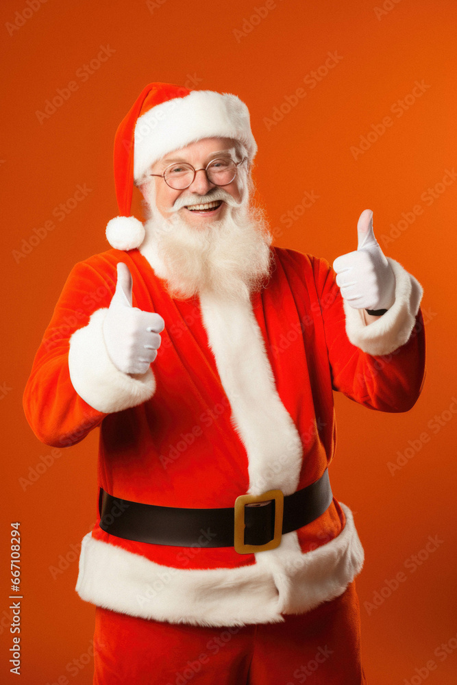 Portrait of happy man in santa claus costume showing thumbs up on orange background Portrait of happy man in santa claus costume showing thumbs up on orange background
